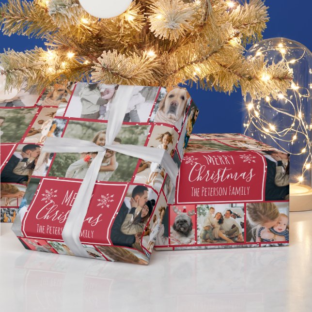 Weihnachts-Schneeflocke Rot 10 Foto Collage Grid Geschenkpapier (Feiertage)