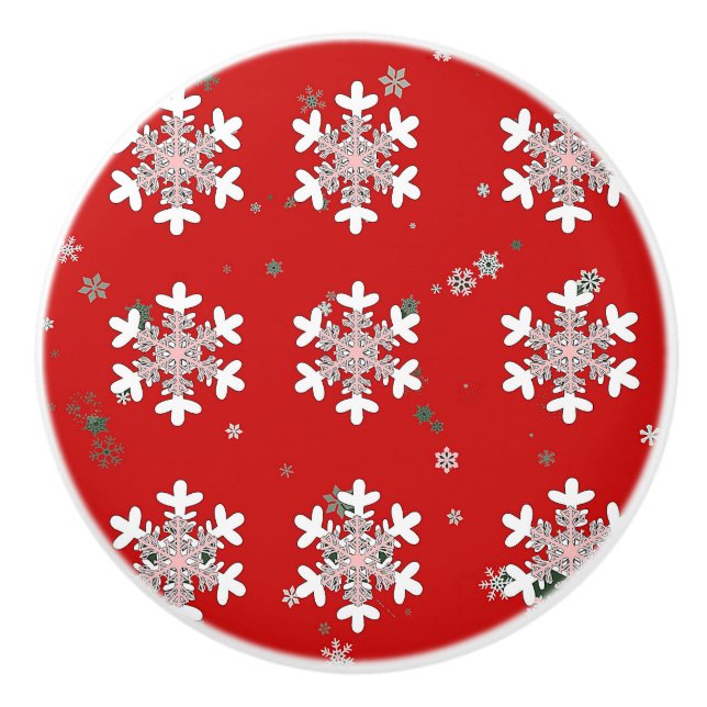 Weihnachts-Schneeflocken auf rotem Schubladengriff Keramikknauf (Vorderseite)