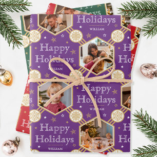 Weihnachts-Schneeflocken-Foto Lila Rotes Grün 3 Geschenkpapier Set