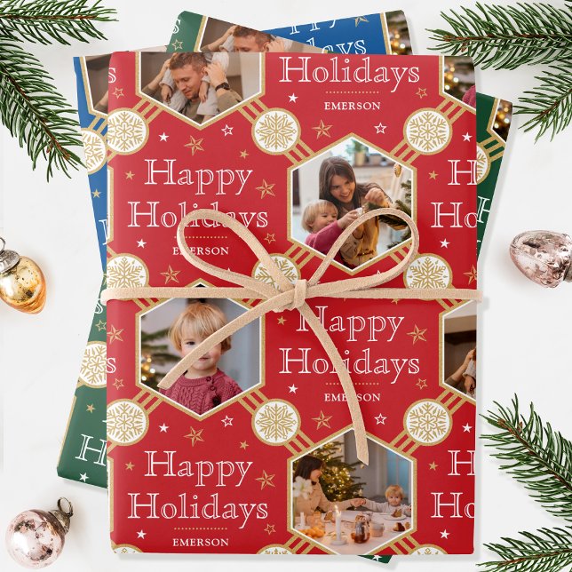 Weihnachts-Schneeflocken-Foto Red Green Blue 3 Geschenkpapier Set (Von Creator hochgeladen)