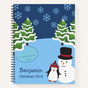 Weihnachts-Schneeflocken mit Pinguin und Name Notizbuch