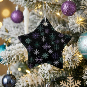 Weihnachts-Schneeflocken-Muster Schwarz Lila Mint Keramik Ornament