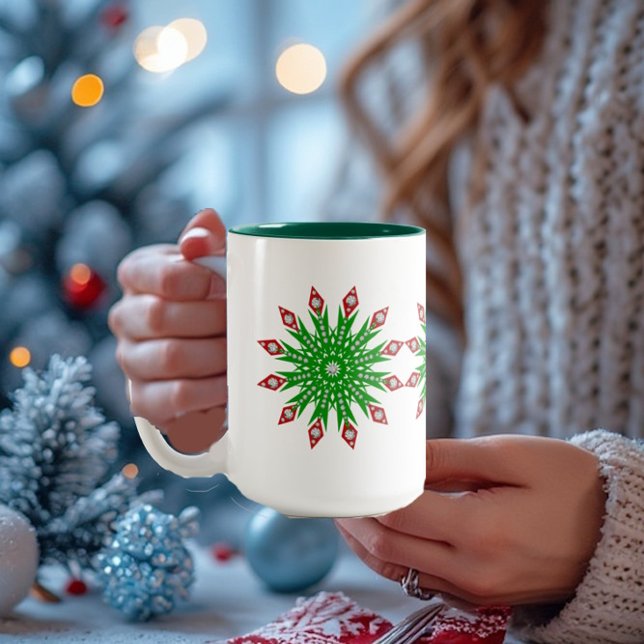 Weihnachts-Schneeflocken-Party-Tasse des Kindes Zweifarbige Tasse (Personalized Kid's Green Christmas Snowflakes Fun Two-Tone Coffee Mug)