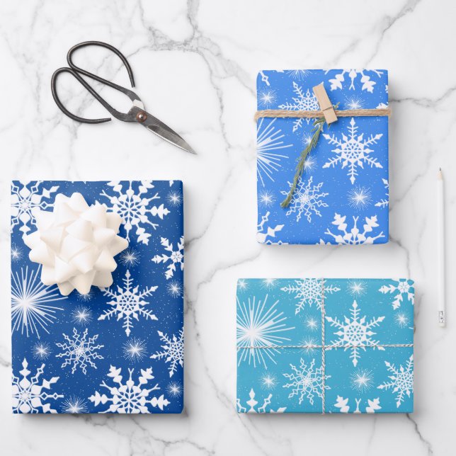 Weihnachts-Schneeflocken-Schatten von Blau Geschenkpapier Set (Vorderseite)