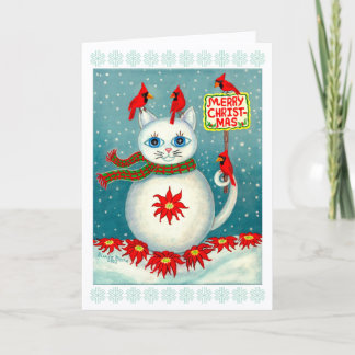 Weihnachts-Schneekatze Kardinalvogel Schneemann We Karte
