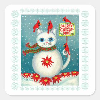 Weihnachts-Schneekatze Kardinalvogel Schneemann We Quadratischer Aufkleber