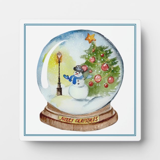 Weihnachts-Schneekugel mit Schneemann und Baum Fotoplatte (Vorderseite)