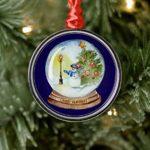 Weihnachts-Schneekugel mit Schneemann und Baum Ornament Aus Metall