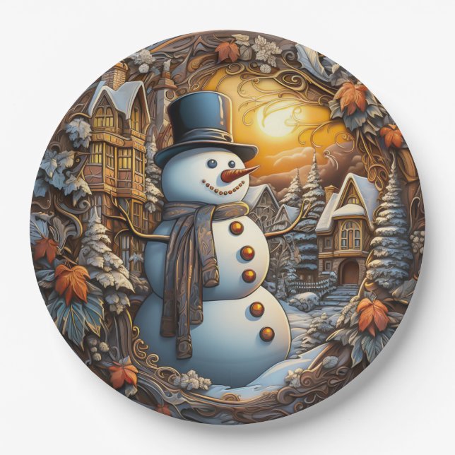 Weihnachts-Schneemann-Feiertag Pappteller (Vorderseite)