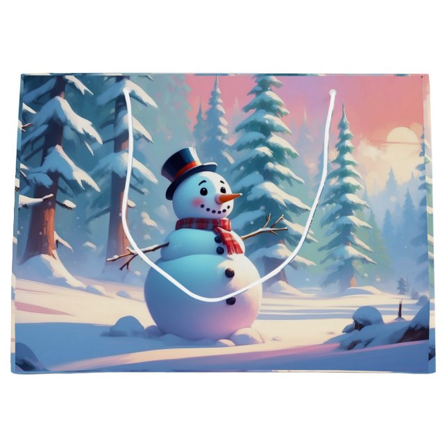 Weihnachts-Schneemann im Winterwald  Große Geschenktüte (Vorderseite)