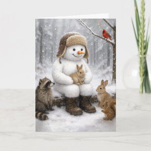 Weihnachts-Schneemann im Winterwald mit Tieren Karte
