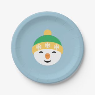 Weihnachts-Schneemann in Green Hat on Light Blue Pappteller
