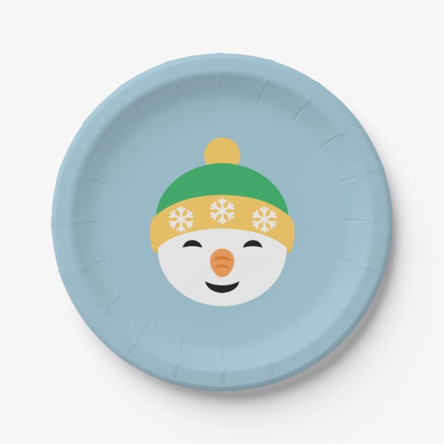Weihnachts-Schneemann in Green Hat on Light Blue Pappteller (Vorderseite)