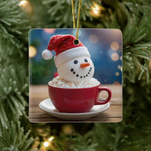 Weihnachts-Schneemann in heißer Schokolade Keramikornament