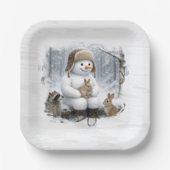 Weihnachts-Schneemann mit Freunden im Winterwald Pappteller (Vorderseite)