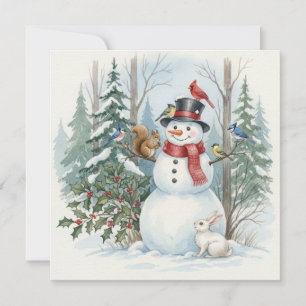 Weihnachts-Schneemann mit Waldtieren und Vögeln Feiertagskarte