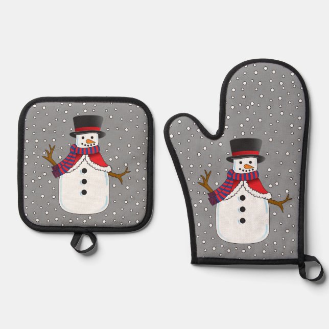 Weihnachts-Schneemann Ofenhandschuh & Topflappen-Set (Vorderseite)
