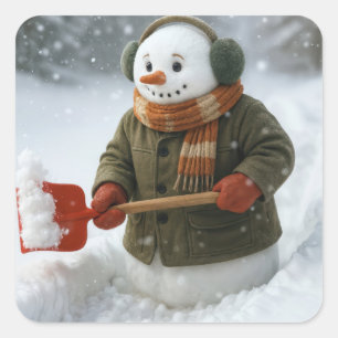 Weihnachts-Schneemann schippt Schnee Quadratischer Aufkleber
