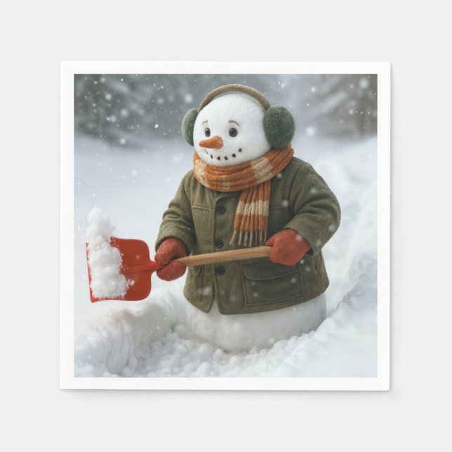 Weihnachts-Schneemann schippt Schnee Serviette (Vorderseite)