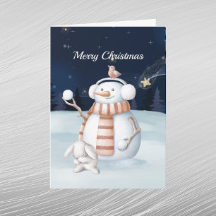 Weihnachts Schneemann Schneebälle Kaninchen Nachth Feiertagskarte