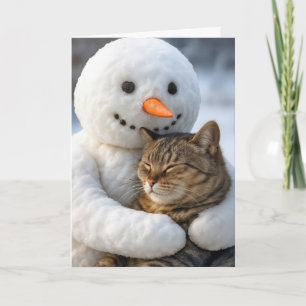 Weihnachts-Schneemann umarmt eine Tabby-Katze Karte