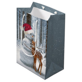 Weihnachts-Schneemann umarmt einen Vater Mittlere Geschenktüte