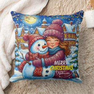 Weihnachts-Schneemann und ein Mädchen Wurfkissen Kissen