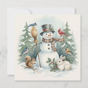 Weihnachts-Schneemann und Waldvögel, Tiere Feiertagskarte