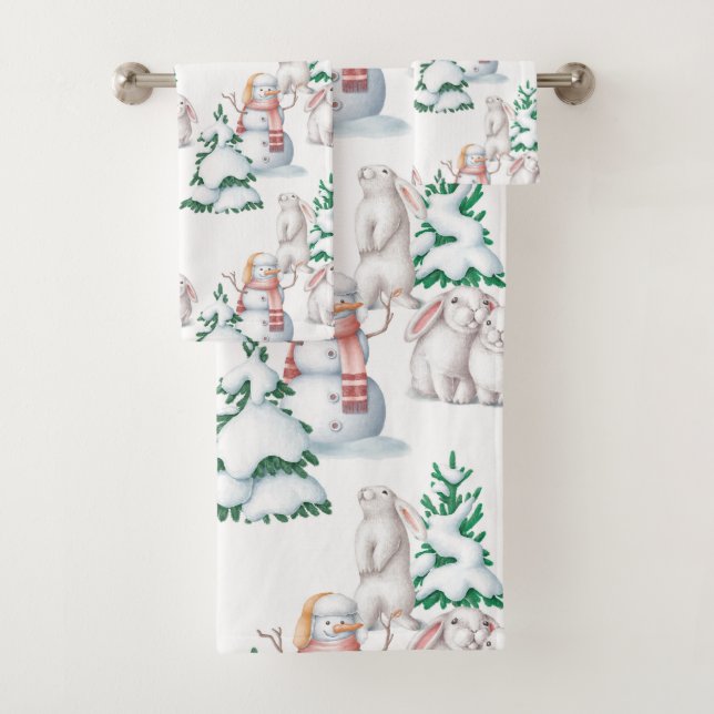 Weihnachts-Schneemännchen-Hasen-Bäume-Illustration Badhandtuch Set (Insitu)