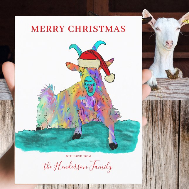 Weihnachts-Schrei-Ziegenbudget Feiertagspostkarte (Funny Christmas screaming goat wearing a Santa hat custom holiday greetings card colorful animal art)