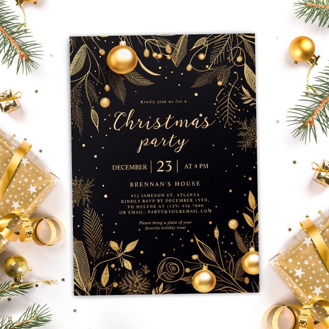 Weihnachts-Schwarz-Gold-Feiertag Einladung (Christmas Black And Gold Holiday Party Invitation)