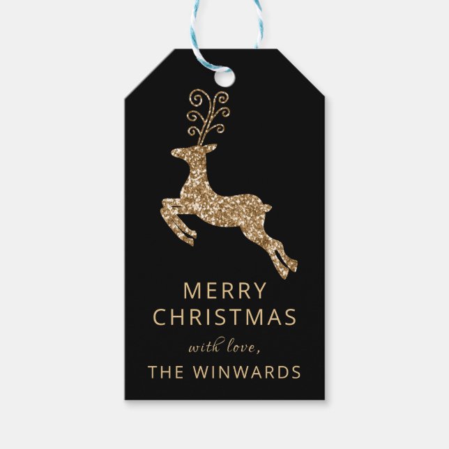 Weihnachts-Schwarz-Gold-Glitzer-Rentier Geschenkanhänger (Vorderseite)