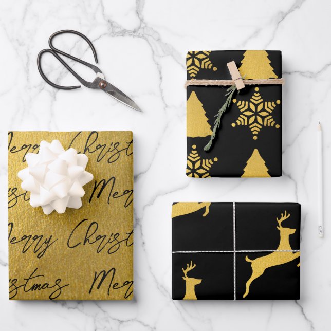 Weihnachts-Schwarz-Gold-Muster Geschenkpapier Set (Vorderseite)
