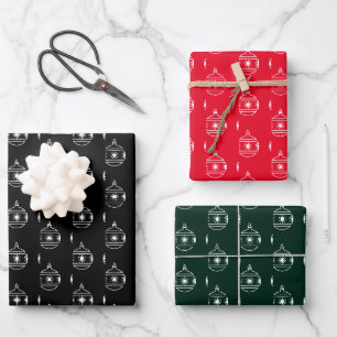 Weihnachts-Schwarz-Rot-Dunkelgrün-süße-Ornamente Geschenkpapier Set