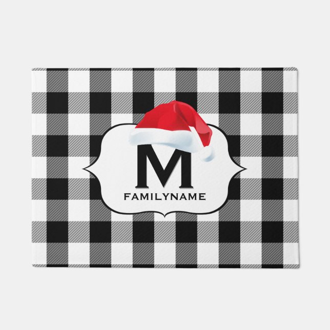 Weihnachts Schwarz-weiß Buffalo Karo Monogram Fußmatte (Vorderseite)