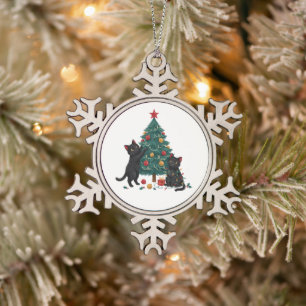 Weihnachts-Schwarze-Katze-Baum-Weihnachtsbeleuchtu Schneeflocken Zinn-Ornament
