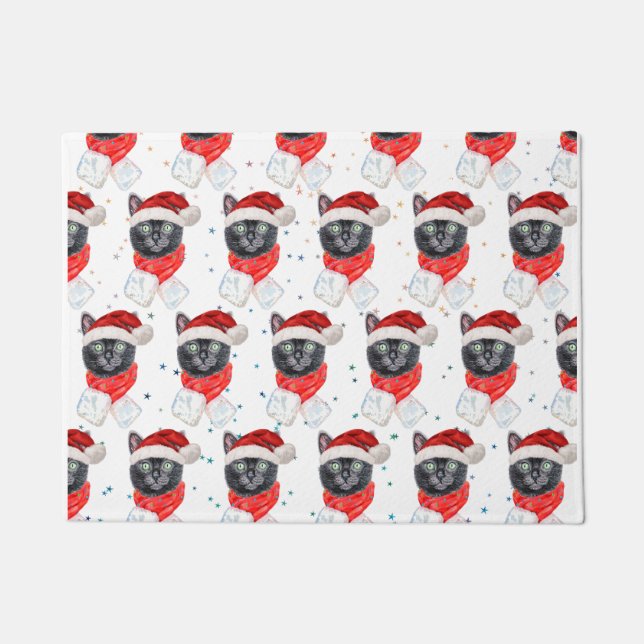 Weihnachts-Schwarze Katze mit rotem Scarf Fußmatte (Vorderseite)