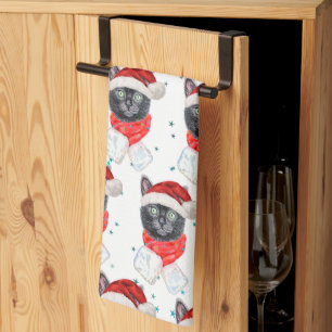 Weihnachts-Schwarze Katze mit rotem Schal Geschirrtuch