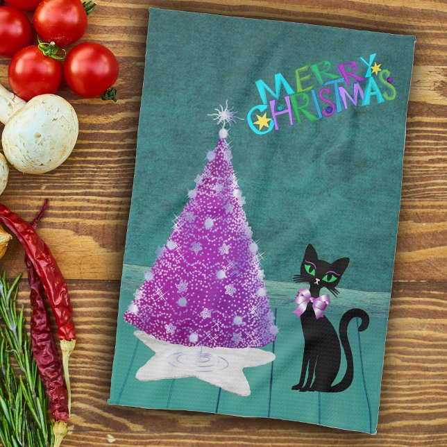 Weihnachts-Schwarze-Katze-Rosa-Silber-Baum-Türkis- Geschirrtuch (Pink silver Christmas tree black cat in teal coloured room on Merry Chrismtas kitchen towel.)