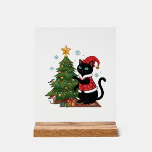 Weihnachts-Schwarze-Katze-Santa-Hut-Baum-Maus Acrylschild