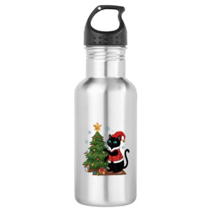 Weihnachts-Schwarze-Katze-Santa-Hut-Baum-Maus Edelstahlflasche