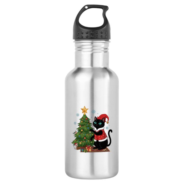 Weihnachts-Schwarze-Katze-Santa-Hut-Baum-Maus Edelstahlflasche (Vorderseite)