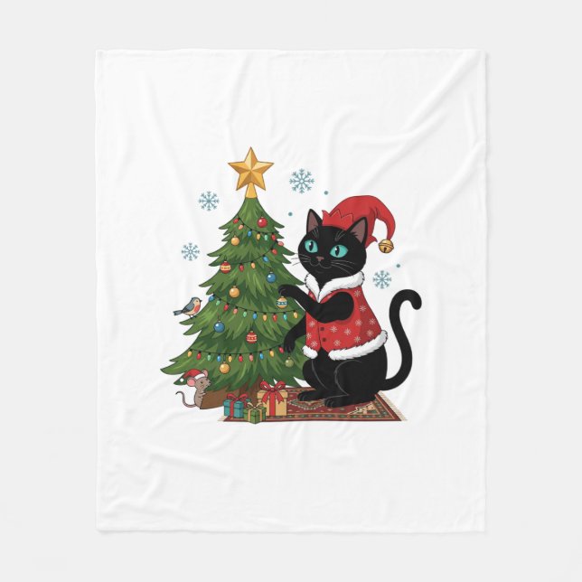 Weihnachts-Schwarze-Katze-Santa-Hut-Baum-Maus Fleecedecke (Vorderseite)