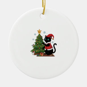 Weihnachts-Schwarze-Katze-Santa-Hut-Baum-Maus Keramik Ornament