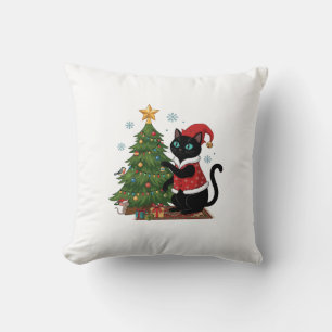 Weihnachts-Schwarze-Katze-Santa-Hut-Baum-Maus Kissen