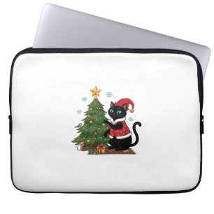 Weihnachts-Schwarze-Katze-Santa-Hut-Baum-Maus Laptopschutzhülle
