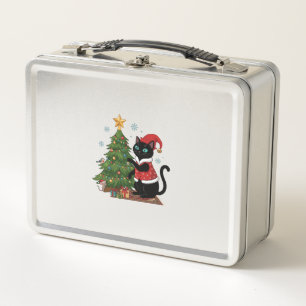 Weihnachts-Schwarze-Katze-Santa-Hut-Baum-Maus Metall Brotdose