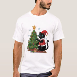 Weihnachts-Schwarze-Katze-Santa-Hut-Baum-Maus T-Shirt