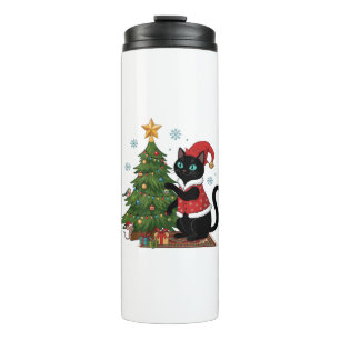 Weihnachts-Schwarze-Katze-Santa-Hut-Baum-Maus Thermosbecher