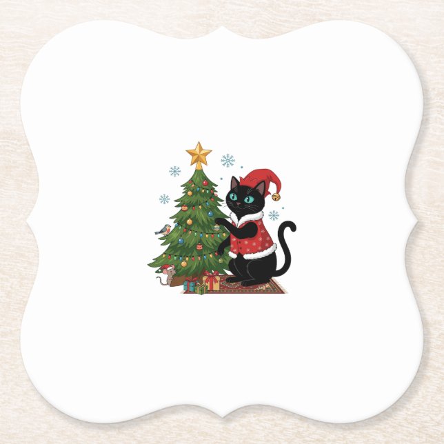 Weihnachts-Schwarze-Katze-Santa-Hut-Baum-Maus Untersetzer (Vorderseite)